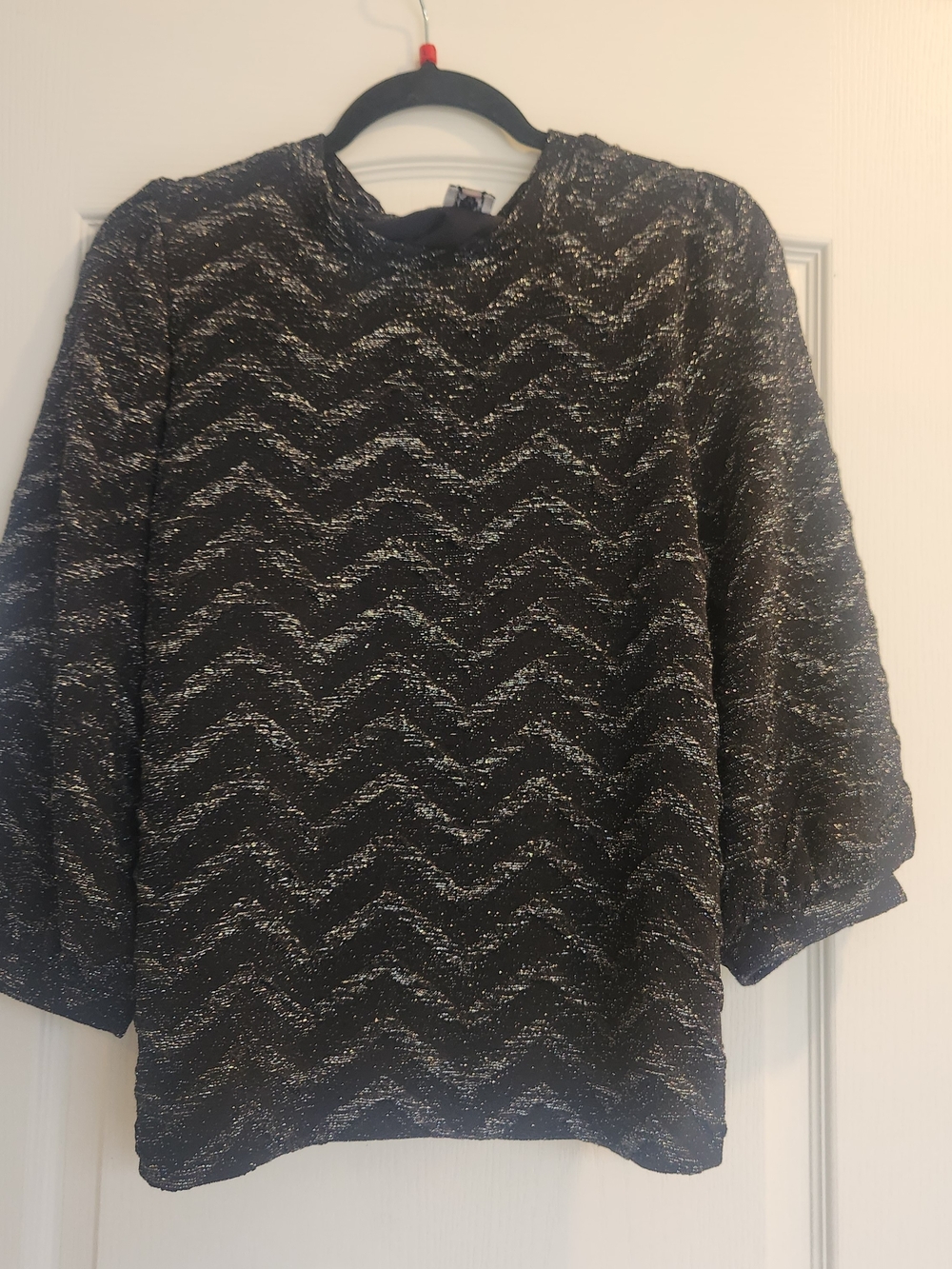 Anne Klein Black Metallic Chevron Knit Top L Euc